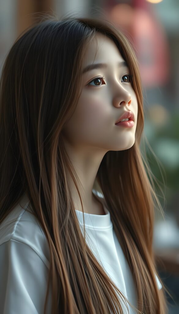 A young girl with long, straight hazelnut brown hair. She is waiting for a kiss. Cute. White t-shirt.