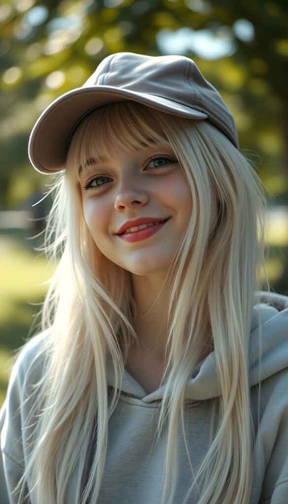 A young girl with long white hair, bangs, red lips, smiling. Baseball cap. Cute. Light grey fine oversized hoodie. Sunny park in backdrop.