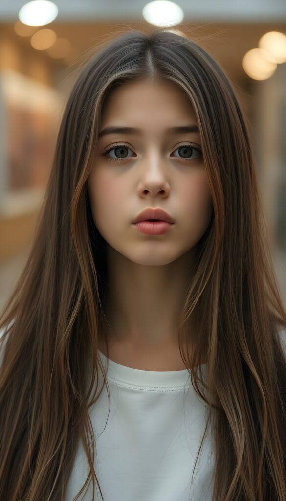 A young girl with long, straight hazelnut brown hair blows a kiss to the camera. Her lips are round. Cute. White t-shirt.