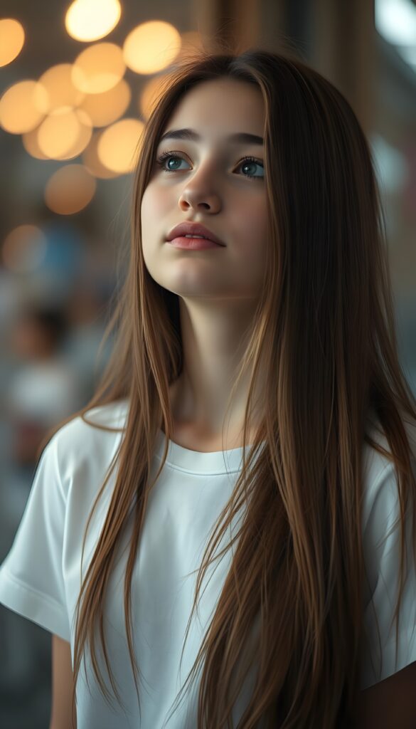 A young girl with long, straight hazelnut brown hair. She is waiting for a kiss. Cute. White t-shirt.