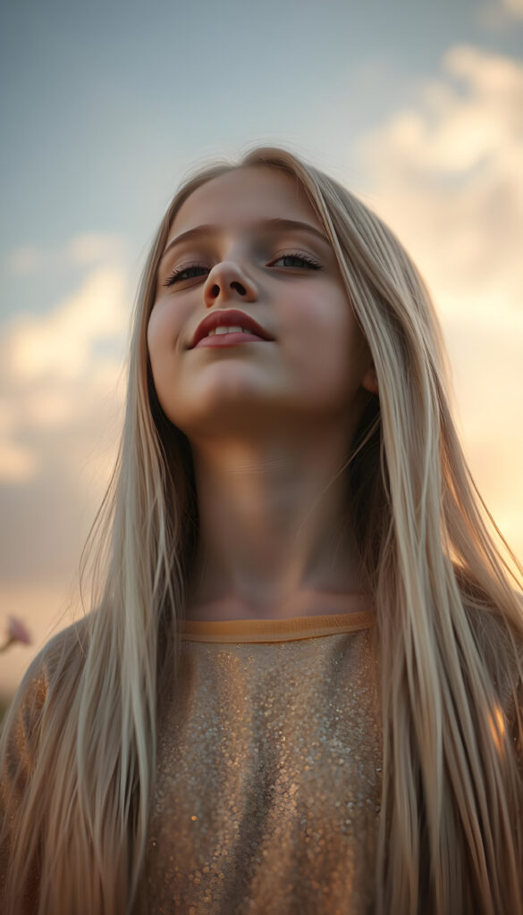 A young girl with long, flowing platinum blonde hair, her eyes closed in anticipation, a round face with full, kissable lips slightly parted, revealing her white teeth, stands against a soft gradient of light blue and lilac. Her head is tilted slightly upwards, wearing a delicate, shimmering gold t-shirt that sparkles under the warm, golden hour light filtering through the serene clouds above. The scene is dreamy, with soft, pastel-colored flowers gently swaying in the breeze around her, creating a romantic and whimsical atmosphere.