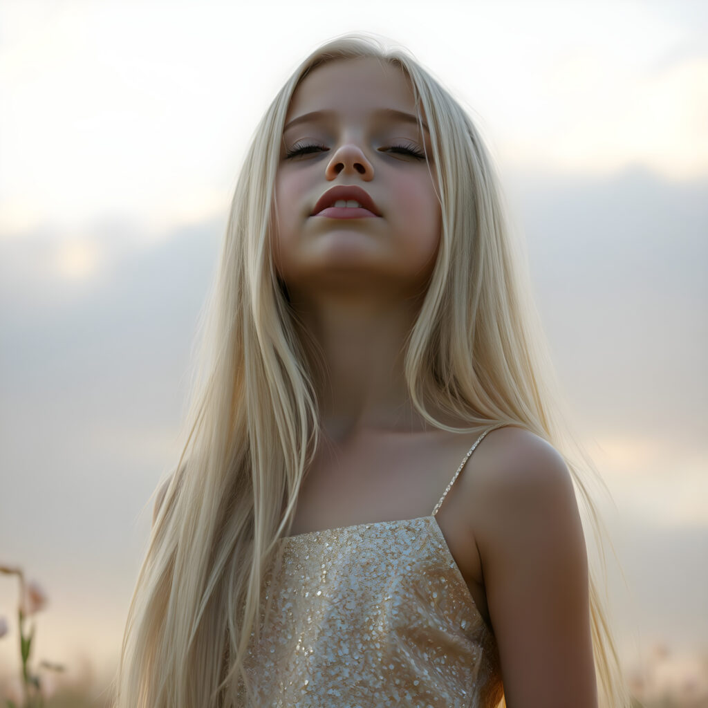 A young girl with long, flowing platinum blonde hair, her eyes closed in anticipation, a round face with full, kissable lips slightly parted, revealing her white teeth, stands against a soft gradient of light blue and lilac. Her head is tilted slightly upwards, wearing a delicate, shimmering gold dress that sparkles under the warm, golden hour light filtering through the serene clouds above. The scene is dreamy, with soft, pastel-colored flowers gently swaying in the breeze around her, creating a romantic and whimsical atmosphere.