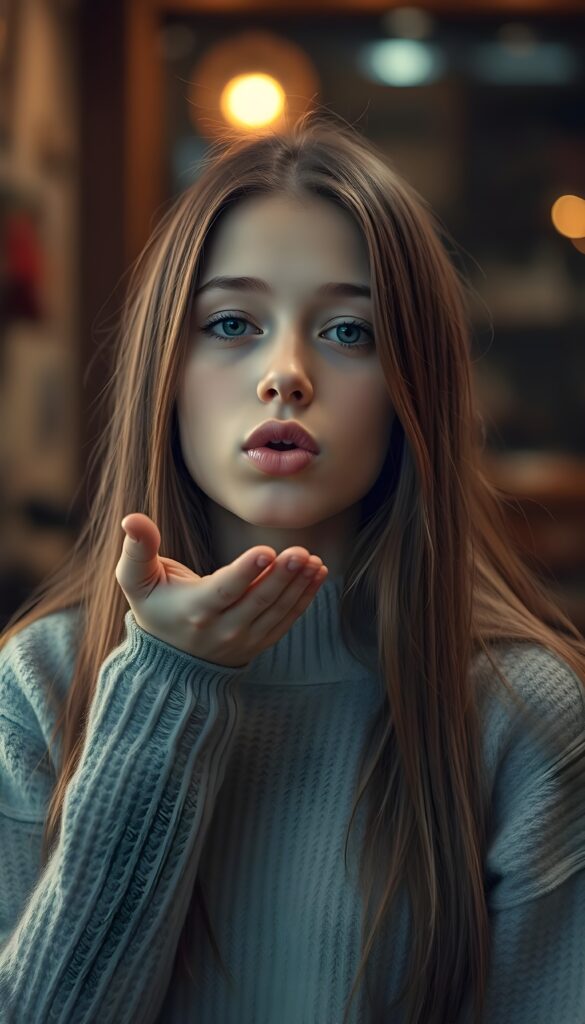 A young girl with long, straight hazelnut brown hair blows a kiss to the camera. Her lips are round. 35 mm. She wears a fine wool sweater.