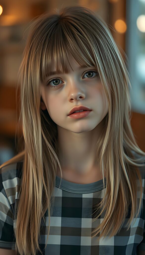 A young girl with straight golden blonde hair and light brown highlights, her hair falling gently over her upper body, bangs cut frame her round face. She tilts her head slightly. She has dark, round, large eyes and a pouty mouth. She wears a grey checkered T-shirt that accentuates her wonderful, feminine body. She has a round face, beautiful full lips, her mouth slightly open, and white teeth.