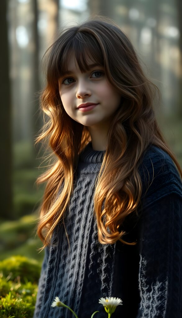 a full body shot from a young girl with long, wavy hazelnut brown hair, her hair cascading down her shoulders. Her lips are full and pink. She wears a cozy, fine wool sweater in a warm, deep navy blue, with a subtle cable knit pattern. She stands in a serene, misty forest, with rays of sunlight filtering through the trees, casting a golden glow on her face. The forest floor is covered in soft, emerald green moss, with delicate wildflowers blooming around her feet. She has a gentle smile, and a sense of peace and wonder is in her eyes, as she looks into the distance, surrounded by the tranquility of nature.