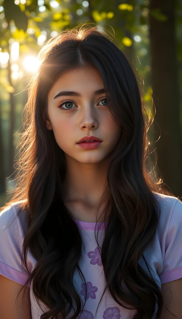 A young girl with long, wavy black hair that cascades down her back in the same length left and right, her deep blue eyes sparkling like sapphires under a soft, golden sunlight filtering through lush green leaves. Her lips, full and vividly red, stand out against her flawless, porcelain-colored skin. She wears light purple cropped t-shirt with intricate floral patterns.. The scene is set in a serene, sunlit forest with tall trees and a gentle breeze, creating a magical and ethereal atmosphere.