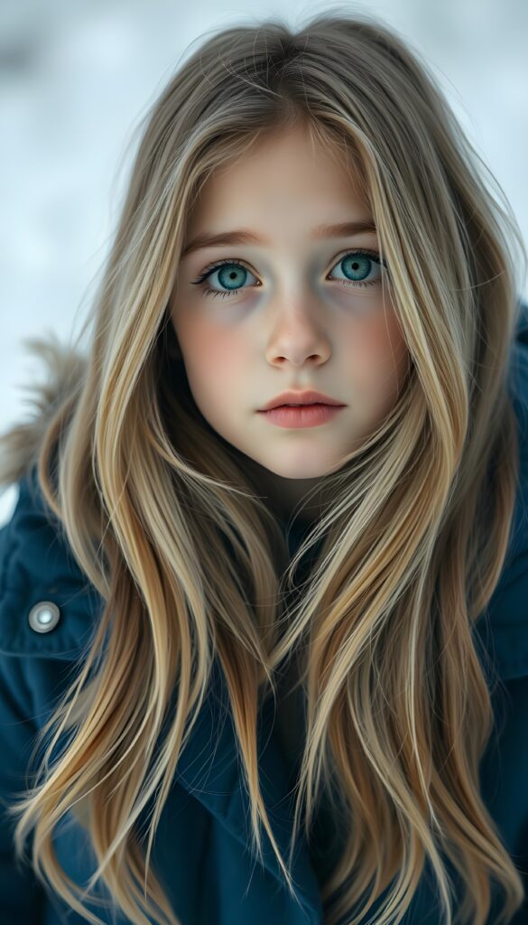 A young girl with long, thick, soft full open light-blonde hair and brown highlights is wearing a thick blue winter jacket. She has green eyes, white backdrop. She looks up to the viewer.