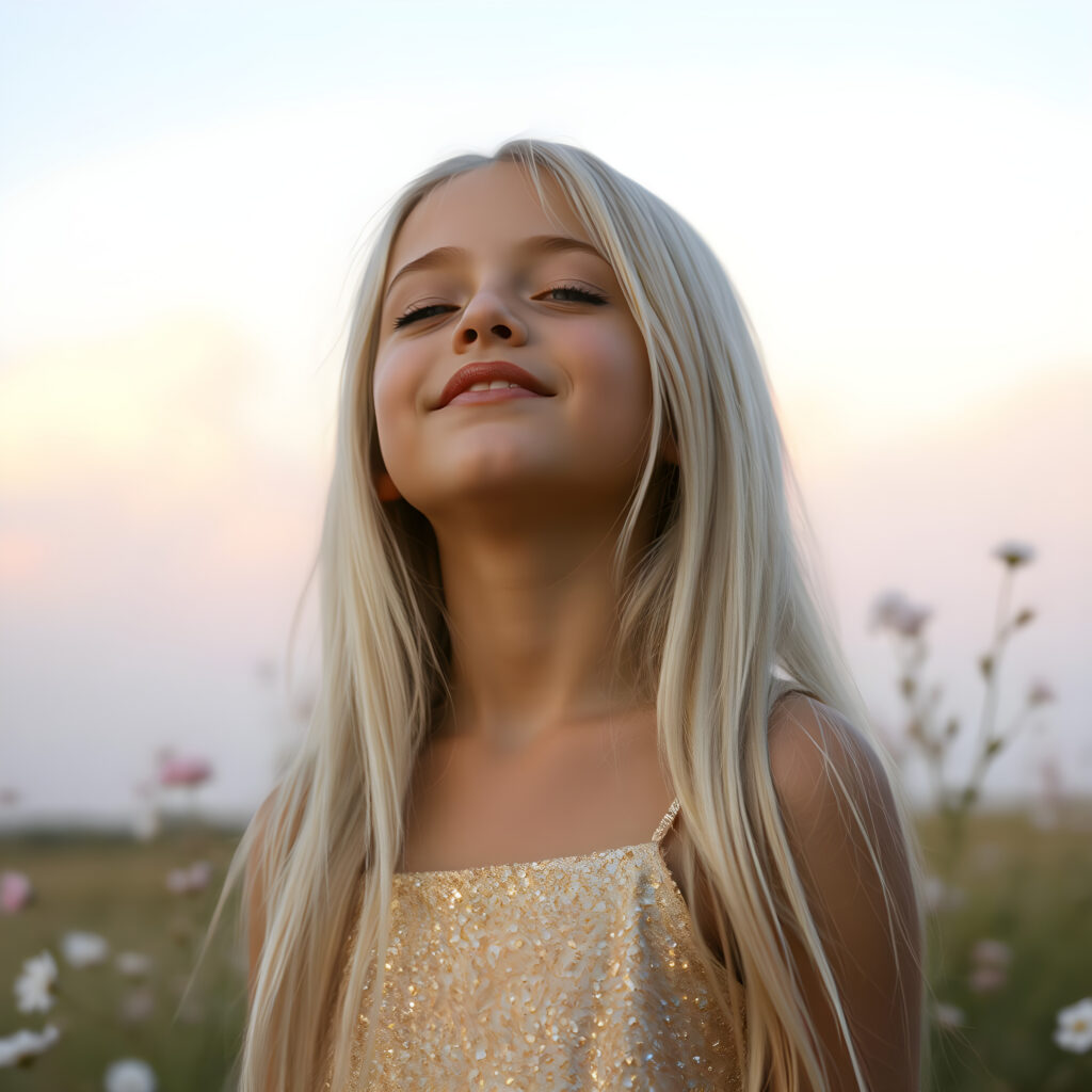 A young girl with long, flowing platinum blonde hair, her eyes closed in anticipation, a round face with full, kissable lips slightly parted, revealing her white teeth, stands against a soft gradient of light blue and lilac. Her head is tilted slightly upwards, wearing a delicate, shimmering gold dress that sparkles under the warm, golden hour light filtering through the serene clouds above. The scene is dreamy, with soft, pastel-colored flowers gently swaying in the breeze around her, creating a romantic and whimsical atmosphere.
