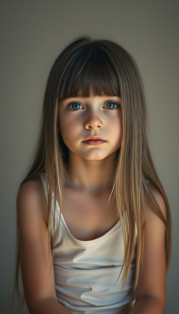 A young girl with long, straight, silky hair sits in a softly lit studio, her innocence radiating in her wide, curious blue shiny eyes. She is dressed in a white thin undershirt. The background is a gradient of soft greys and muted tones, giving a timeless feel. Her posture is relaxed yet poised, her hands gently resting on her lap. The lighting is soft and warm, casting gentle shadows that enhance her delicate features. The atmosphere is serene and contemplative, with a hint of dreaminess.