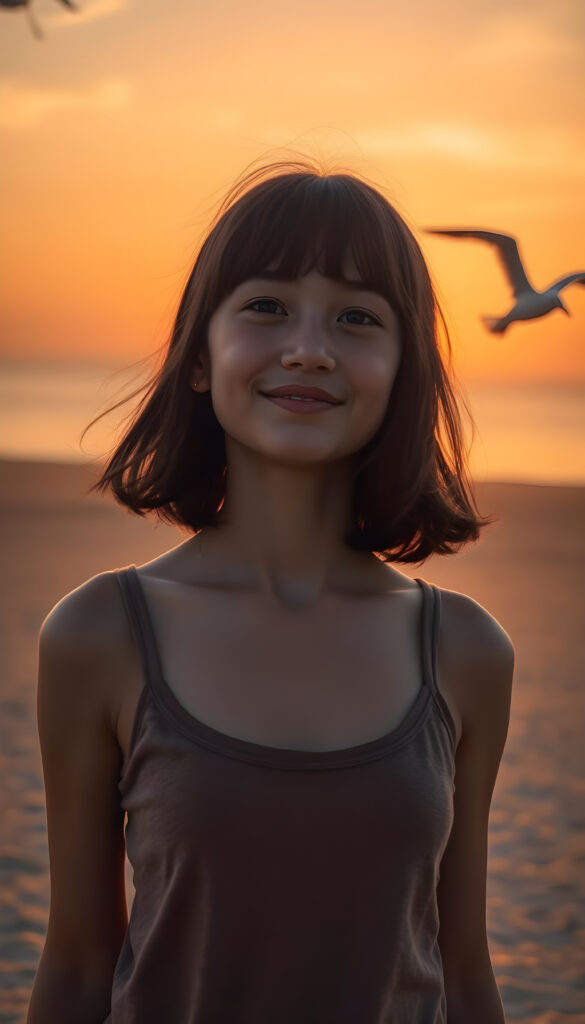 A young girl with soft, dark shoulder-length hair and gentle bangs, her face round and detailed, stands on a vast, deserted beach at sunrise. The sky is a blend of warm oranges and soft pinks, casting a golden glow over the calm sea. She wears a thin, fine-wool tank top, her eyes gazing at the horizon with a warm, serene smile. The perspective is from above, capturing her silhouette against the rising sun, with seagulls soaring in the distance. The composition is balanced, with the beach stretching out to meet the horizon, creating a sense of peace and solitude.