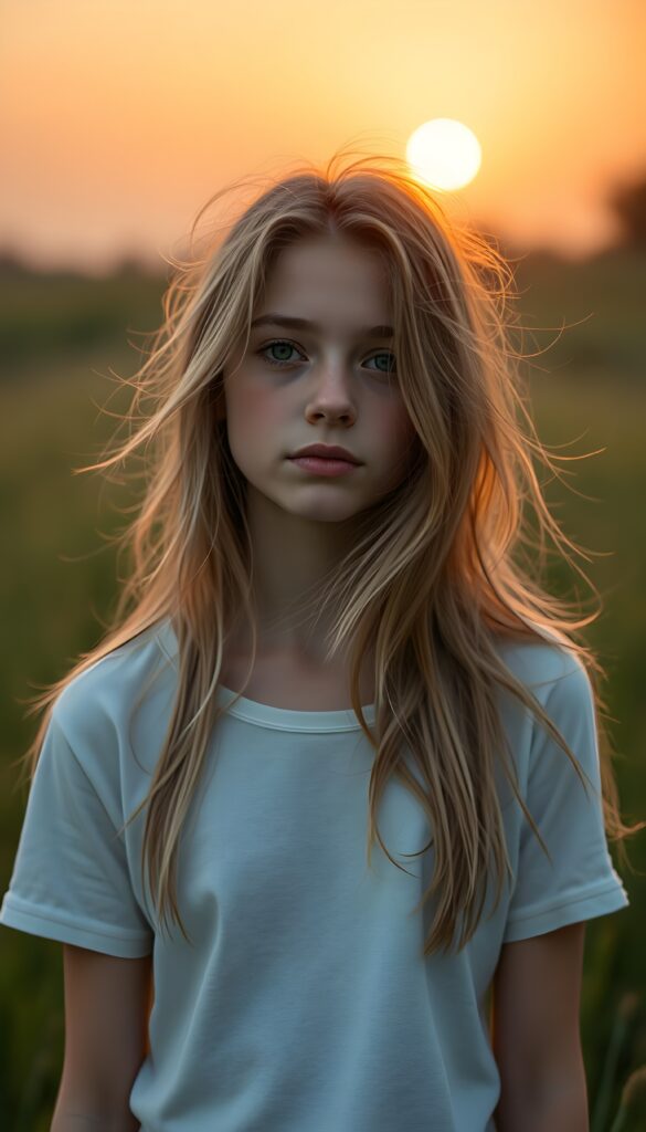 A young girl with pale skin and long light brown hair with blonde highlights, wearing a white t-shirt, stands in a grassy meadow bathed in the warm glow of the sunset. Her hair is gently blowing in the wind, and her green eyes sparkle with a soft, tranquil expression.