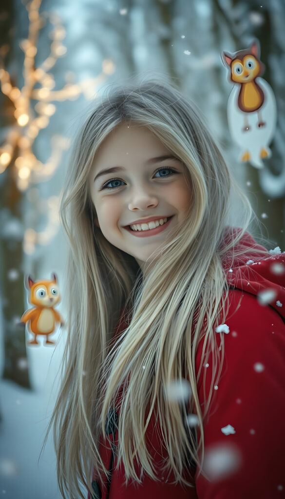 A young girl with long, flowing silver hair, wearing a vibrant red winter coat, stands in a magical winter forest. Snowflakes gently fall around her, creating a serene, enchanting atmosphere. She has rosy cheeks and a joyful smile, revealing her bright white teeth. Her hair dances in the crisp winter breeze. The forest is covered in pristine snow, with whimsical, glowing trees that emit a soft, ethereal light. Colorful, cartoonish animals peek from behind the trees, adding a touch of whimsy and wonder to the scene.