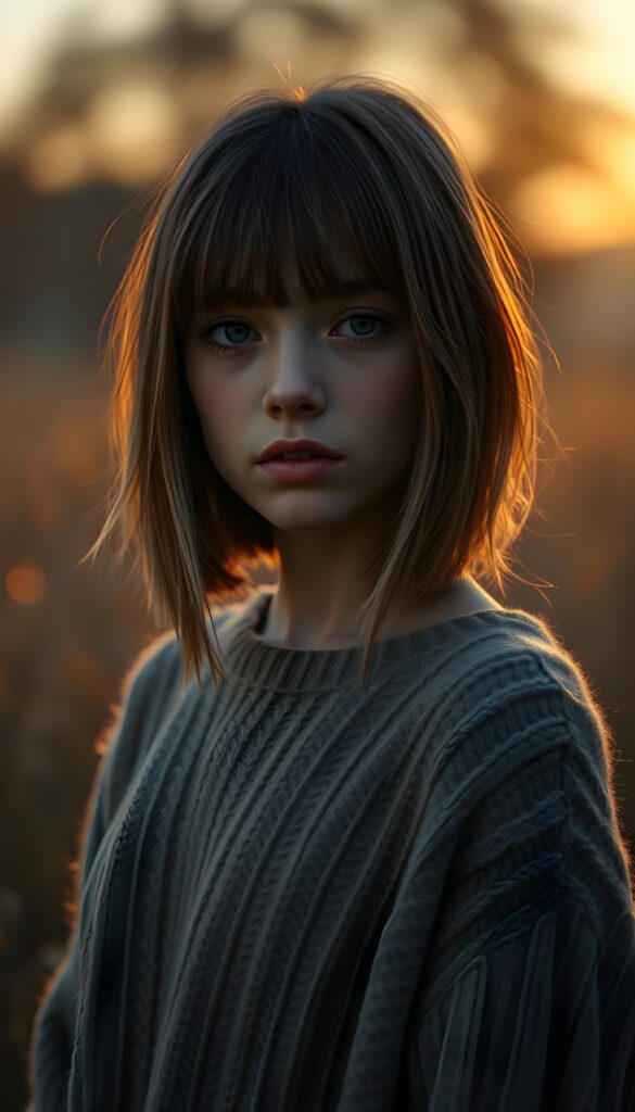 A young girl with chestnut-brown straight long hair and blond highlights in a perfect shoulder-length bob cut, bangs, warm tan skin stands in a twilight meadow, wearing a fine sweater made of wool. Her eyes are dark and gentle, and her expression is calm and loyal. The background features soft, glowing dust and blurred trees, creating a cozy, atmospheric setting. The image is rendered in a semi-realistic fantasy illustration style, with a focus on warm brown tones and a subtle, enchanting glow. Golden sunset.