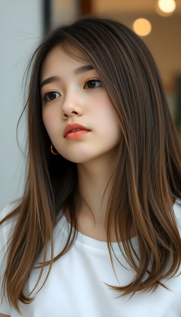 A young girl with long, straight hazelnut brown hair. She is waiting for a kiss. Cute. White t-shirt.
