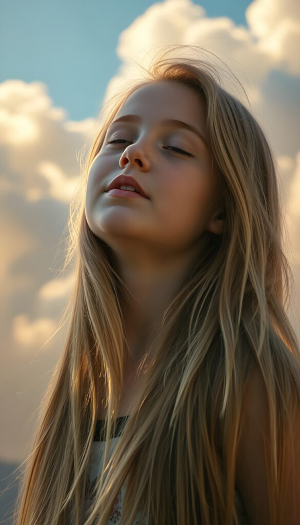 A young girl with long, flowing golden hair cascades over her shoulders, her eyes closed in anticipation, lips slightly parted in a soft pout. She stands against a backdrop of swirling pastel hues, with sunlight filtering through soft clouds, casting a dreamy, ethereal glow. Her face is round and delicate, with full lips and a hint of a smile, her white teeth gleaming in the light. She lifts her head slightly, her expression serene and hopeful, as if awaiting a gentle breeze or a tender embrace. The scene is bathed in a warm, golden light, with soft, fluffy clouds in the sky, creating a magical and enchanting atmosphere.