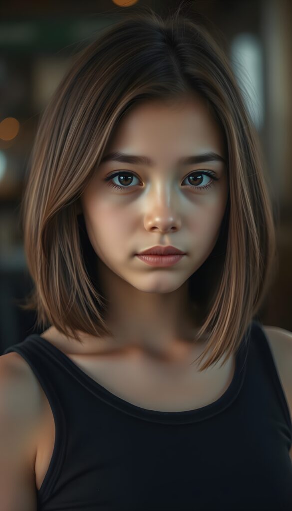 A young girl with a flawless face, looking directly into the camera. She has brown, straight, voluminous, and full hair with light highlights. Her hair is in a perfect shoulder-length bob cut. Her beautiful dark eyes radiate a sense of calm and contentment. She has plump, full, natural lips and a small nose. Well-defined dark eyebrows. The photo captures her round face in a warm tone. She’s wearing a black tight-fitting thin spanned tank top that accentuates her wonderful, feminine figure.