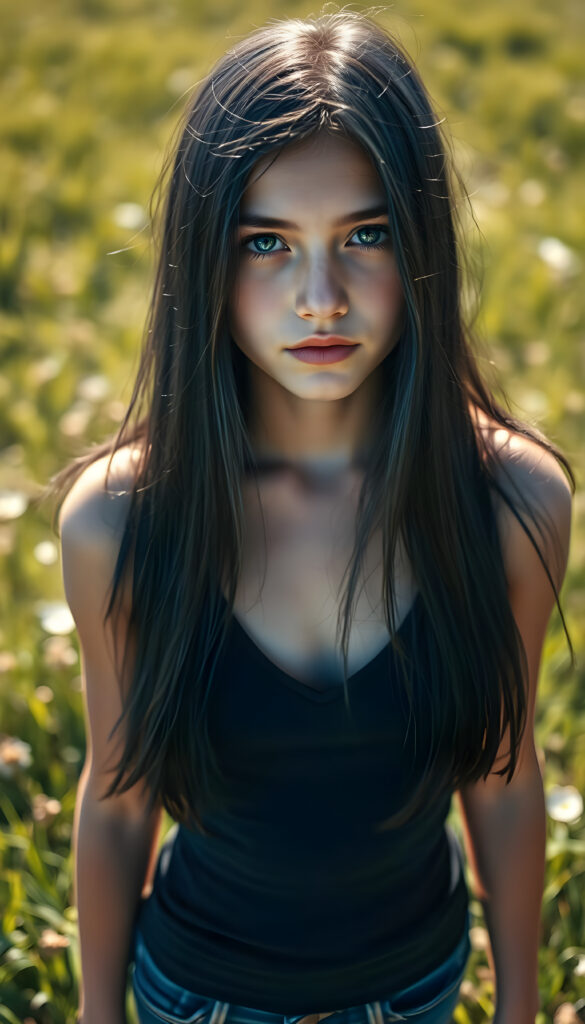 A young girl with long, straight, dark blue obsidian hair stands in a sunlit meadow, her shiny dark blue eyes sparkling under the bright sun. She wears a tight, form-fitting short tank top with a deep v-neck, revealing a bit of her chest. The scene is viewed from above, showcasing her full body and the vibrant green grass beneath her feet. The lighting casts gentle shadows, creating a serene and cheerful atmosphere, Photograph Portrait Close-up Sharp focus 35mm