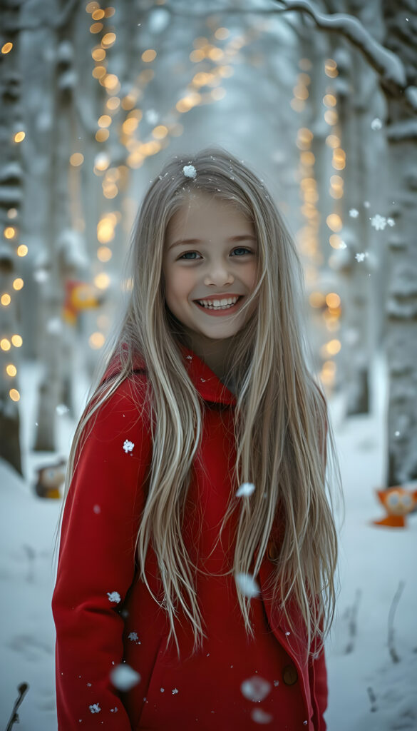 A young girl with long, flowing silver hair, wearing a vibrant red winter coat, stands in a magical winter forest. Snowflakes gently fall around her, creating a serene, enchanting atmosphere. She has rosy cheeks and a joyful smile, revealing her bright white teeth. Her hair dances in the crisp winter breeze. The forest is covered in pristine snow, with whimsical, glowing trees that emit a soft, ethereal light. Colorful, cartoonish animals peek from behind the trees, adding a touch of whimsy and wonder to the scene.