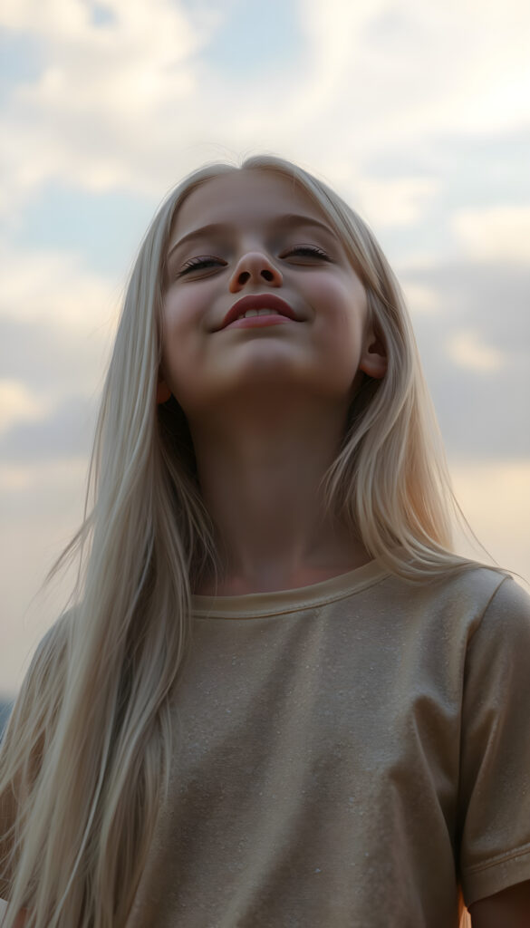 A young girl with long, flowing platinum blonde hair, her eyes closed in anticipation, a round face with full, kissable lips slightly parted, revealing her white teeth, stands against a soft gradient of light blue and lilac. Her head is tilted slightly upwards, wearing a delicate, shimmering gold t-shirt that sparkles under the warm, golden hour light filtering through the serene clouds above. The scene is dreamy, with soft, pastel-colored flowers gently swaying in the breeze around her, creating a romantic and whimsical atmosphere.
