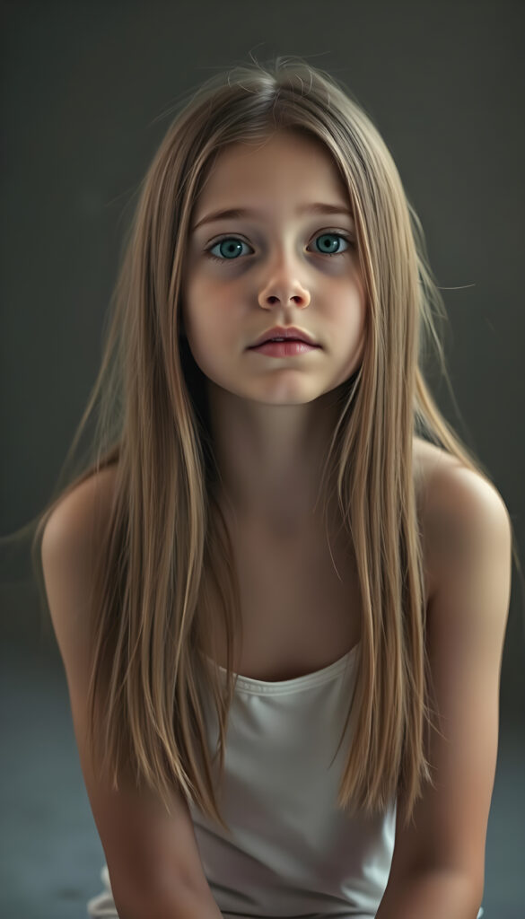 A young girl with long, straight, silky hair sits in a softly lit studio, her innocence radiating in her wide, curious blue shiny eyes. She is dressed in a white thin undershirt. The background is a gradient of soft greys and muted tones, giving a timeless feel. Her posture is relaxed yet poised, her hands gently resting on her lap. The lighting is soft and warm, casting gentle shadows that enhance her delicate features. The atmosphere is serene and contemplative, with a hint of dreaminess.
