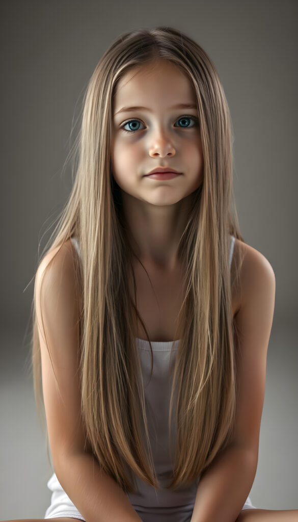 A young girl with long, straight, silky hair sits in a softly lit studio, her innocence radiating in her wide, curious blue shiny eyes. She is dressed in a white thin undershirt. The background is a gradient of soft greys and muted tones, giving a timeless feel. Her posture is relaxed yet poised, her hands gently resting on her lap. The lighting is soft and warm, casting gentle shadows that enhance her delicate features. The atmosphere is serene and contemplative, with a hint of dreaminess.