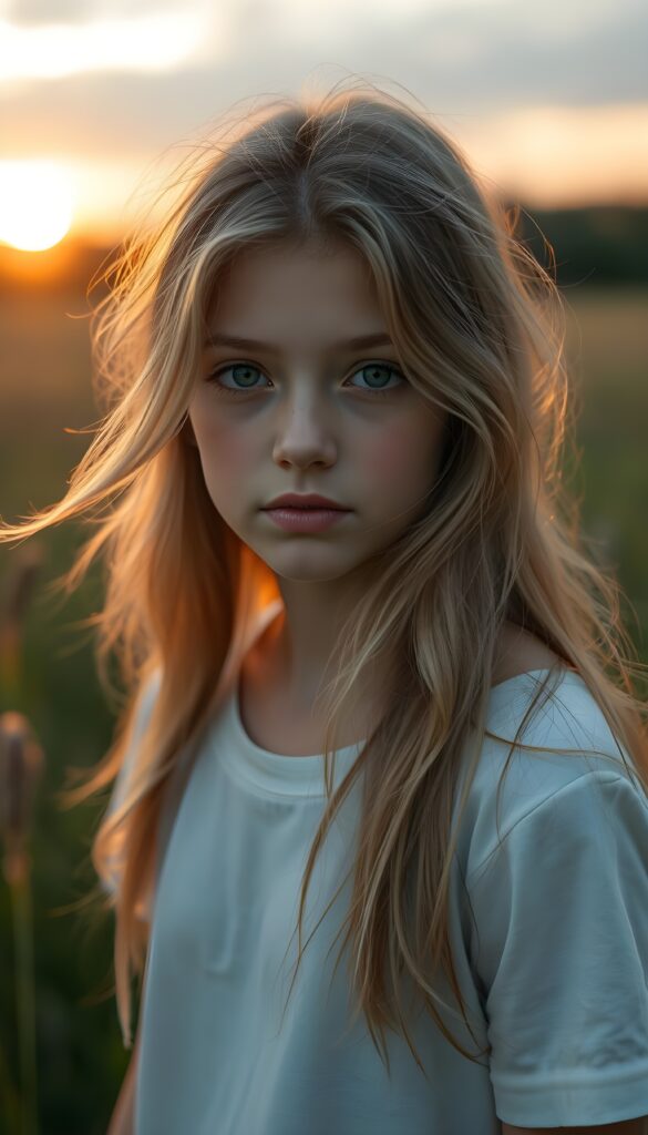 A young girl with pale skin and long light brown hair with blonde highlights, wearing a white t-shirt, stands in a grassy meadow bathed in the warm glow of the sunset. Her hair is gently blowing in the wind, and her green eyes sparkle with a soft, tranquil expression.