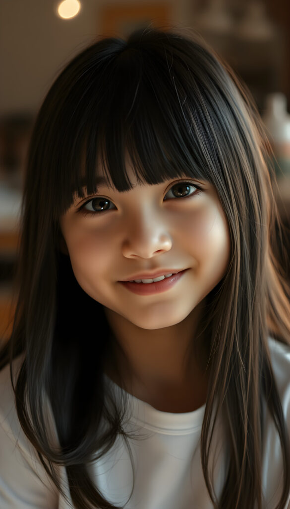 A young girl with long, soft black hair and bright, detailed eyes, wearing a crisp white t-shirt. Her skin has a pale, almost translucent quality, and she smiles playfully at the camera, the scene is bathed in warm, golden light, creating a whimsical and serene atmosphere.