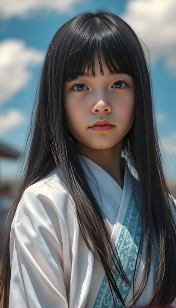 A young girl with long, straight, shiny black hair and bangs stands in a traditional white and light blue Ainu dress. Her delicate, pale skin and distinctive light blue eyes are meticulously detailed, with a serene and natural expression. Her full lips are painted a soft pink. The image is vibrant, featuring a bright blue sky with fluffy white clouds, contrasting beautifully with the intricate patterns of her dress. The composition highlights the cultural richness and natural beauty, with warm sunlight casting a gentle glow on her face and dress.