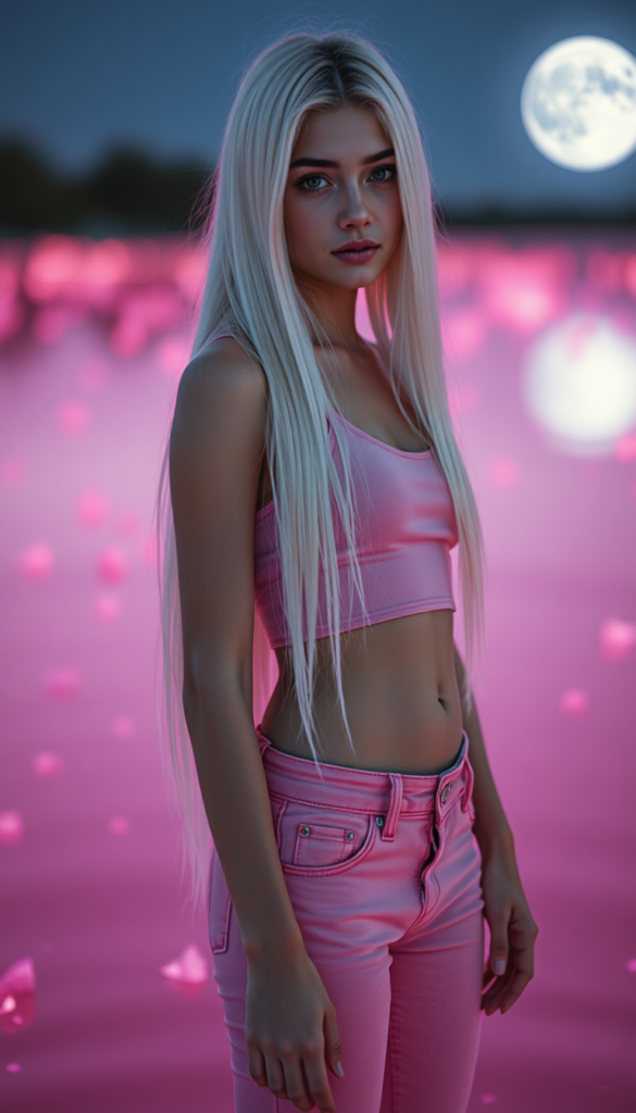 A young girl with long, straight full open white hair reach to her hip; she wears a pink thin plain cropped tank top that perfectly accentuates her perfectly feminine figure and pink jeans pants; she stands in a fantastical, unrealistic, glowing pink lake that reflects the moonlight. She has flawless skin. Beautiful. Fantastic.
