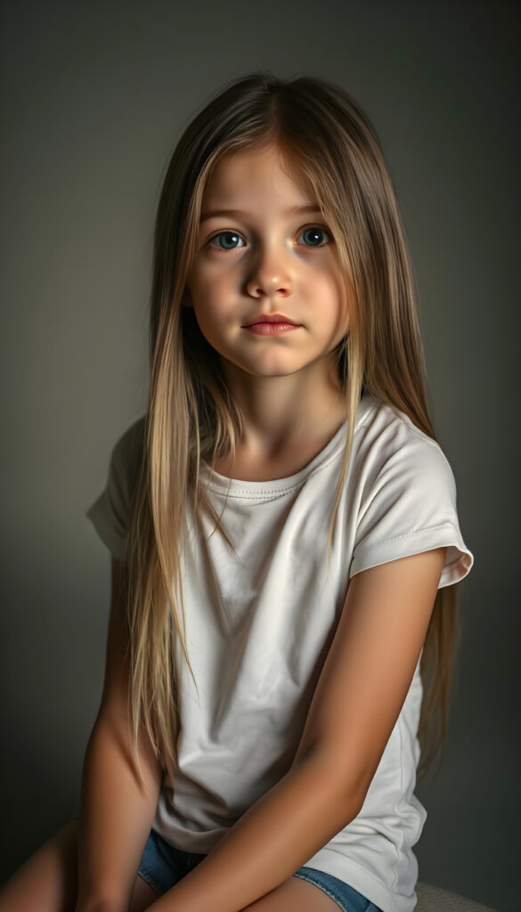A young girl with long, straight, silky hair sits in a softly lit studio, her innocence radiating in her wide, curious eyes. She is dressed in a white thin T-Shirt. The background is a gradient of soft greys and muted tones, giving a timeless feel. Her posture is relaxed yet poised, her hands gently resting on her lap. The lighting is soft and warm, casting gentle shadows that enhance her delicate features. The atmosphere is serene and contemplative, with a hint of dreaminess.