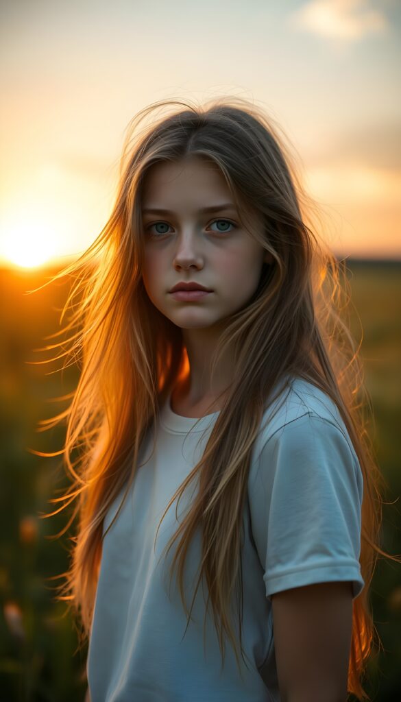 A young girl with pale skin and long light brown hair with blonde highlights, wearing a white t-shirt, stands in a grassy meadow bathed in the warm glow of the sunset. Her hair is gently blowing in the wind, and her green eyes sparkle with a soft, tranquil expression.
