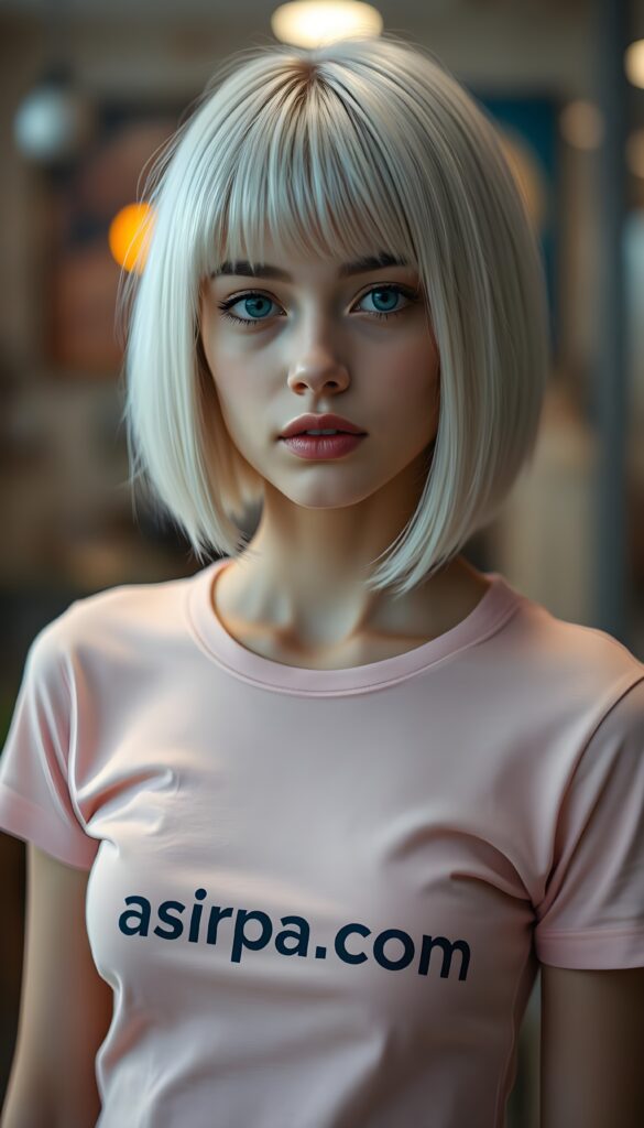 A young girl with shoulder long, straight white hair, bob cut, deep blue eyes, and full lips. She wears a tight, (light pink T-shirt with the inscription ""asirpa.com""), the T-shirt accentuates her perfect, feminine figure.
