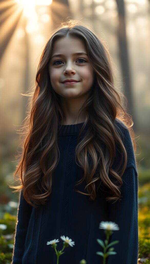 a full body shot from a young girl with long, wavy hazelnut brown hair, her hair cascading down her shoulders. Her lips are full and pink. She wears a cozy, fine wool sweater in a warm, deep navy blue, with a subtle cable knit pattern. She stands in a serene, misty forest, with rays of sunlight filtering through the trees, casting a golden glow on her face. The forest floor is covered in soft, emerald green moss, with delicate wildflowers blooming around her feet. She has a gentle smile, and a sense of peace and wonder is in her eyes, as she looks into the distance, surrounded by the tranquility of nature.