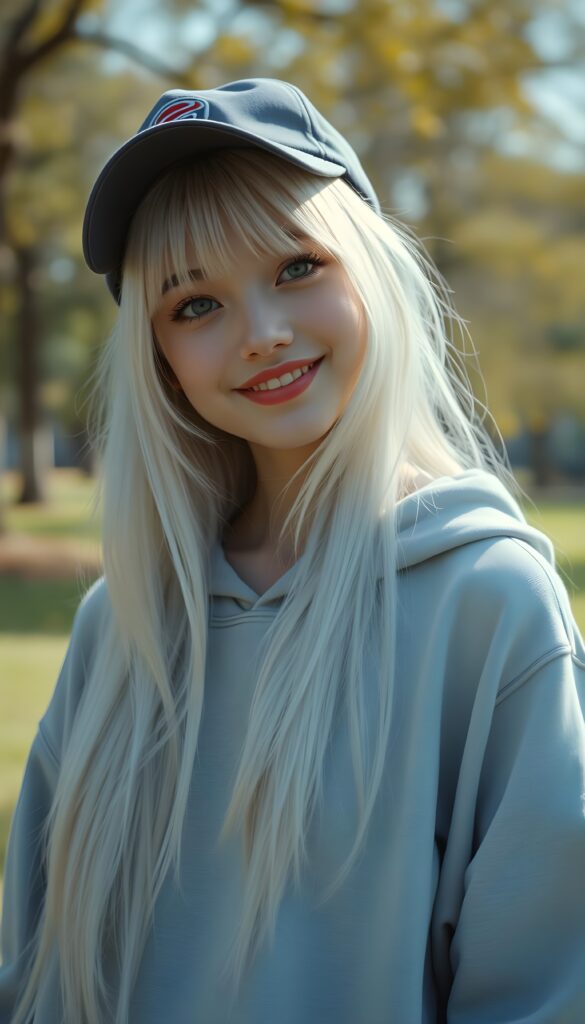 A young girl with long white hair, bangs, red lips, smiling. Baseball cap. Cute. Light grey fine oversized hoodie. Sunny park in backdrop.