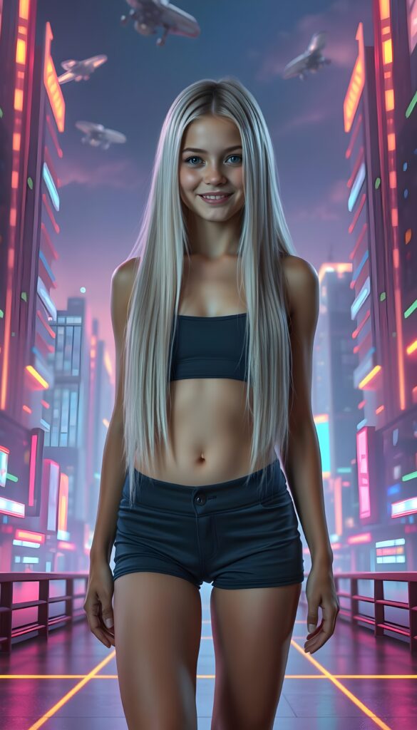A young girl with long, straight hair cascading down her back, standing confidently in a futuristic, neon-lit cityscape. She wears a sleek, form-fitting crop top and high-waisted shorts, her posture exuding elegance and playfulness. Her eyes sparkle with determination, her smile radiant. The background features a vibrant, holographic skyline with towering skyscrapers and flying vehicles, illuminated by an array of colorful lights. The scene is dynamic, with a subtle glow emanating from the ground, adding a sense of motion and energy to the image. Front view.