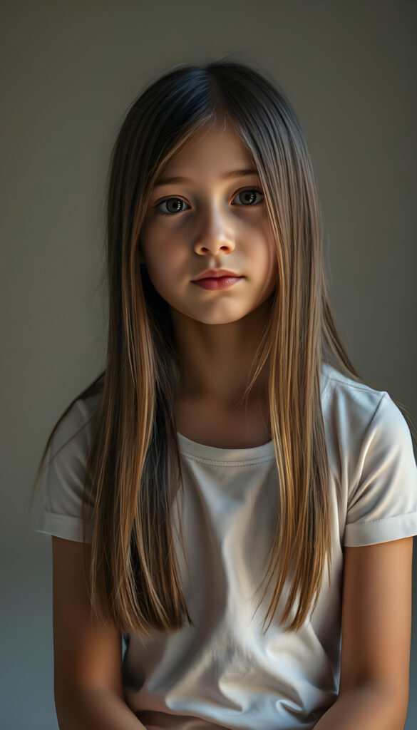 A young girl with long, straight, silky hair sits in a softly lit studio, her innocence radiating in her wide, curious eyes. She is dressed in a white thin T-Shirt. The background is a gradient of soft greys and muted tones, giving a timeless feel. Her posture is relaxed yet poised, her hands gently resting on her lap. The lighting is soft and warm, casting gentle shadows that enhance her delicate features. The atmosphere is serene and contemplative, with a hint of dreaminess.