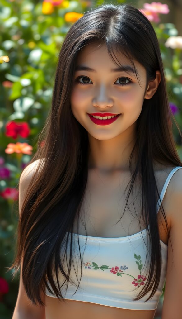 A young girl with long, flowing jet-black hair cascading down her shoulders, her radiant smile accentuated by bold dark red lipstick, stands in a sunlit garden. Her black eyes shine brightly against her pale complexion, framed by perfectly applied black eyeliner. The background features vibrant flowers and lush greenery, creating a magical atmosphere. She is wearing a thin white cropped tank top with a colorful floral pattern that accentuates her perfectly shaped, feminine figure.
