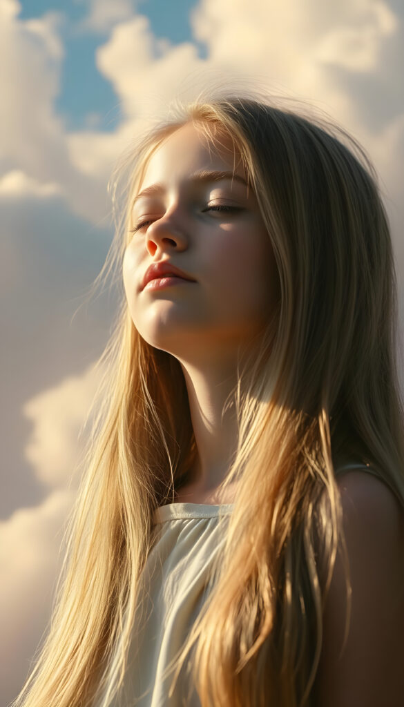 A young girl with long, flowing golden hair cascades over her shoulders, her eyes closed in anticipation, lips slightly parted in a soft pout. She stands against a backdrop of swirling pastel hues, with sunlight filtering through soft clouds, casting a dreamy, ethereal glow. Her face is round and delicate, with full lips and a hint of a smile, her white teeth gleaming in the light. She lifts her head slightly, her expression serene and hopeful, as if awaiting a gentle breeze or a tender embrace. The scene is bathed in a warm, golden light, with soft, fluffy clouds in the sky, creating a magical and enchanting atmosphere.
