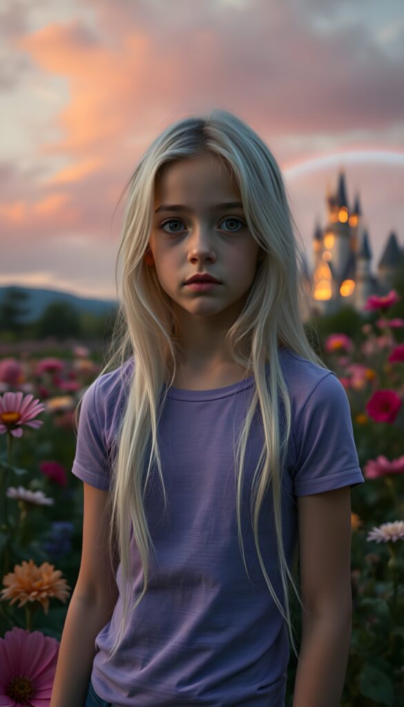 A young girl with long, flowing white hair and expressive brown eyes, dressed in a fitted violet t-shirt, stands in a whimsical garden at twilight. The garden is filled with vibrant, oversized flowers, and the sky is a blend of soft pinks and purples. She gazes thoughtfully at a distant, ethereal castle illuminated by a warm, magical glow, with a rainbow arching over the landscape.