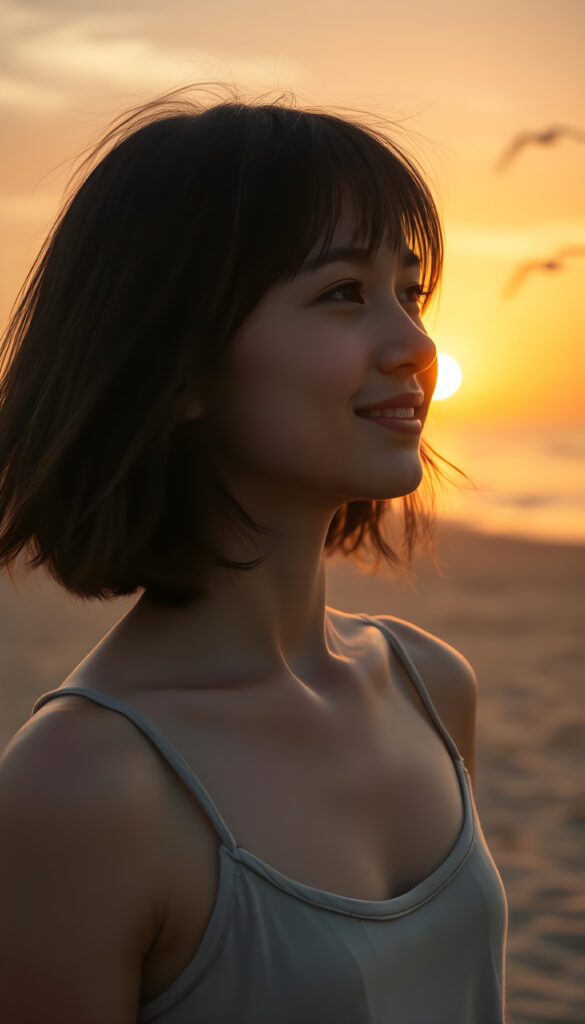 A young girl with soft, dark shoulder-length hair and gentle bangs, her face round and detailed, stands on a vast, deserted beach at sunrise. The sky is a blend of warm oranges and soft pinks, casting a golden glow over the calm sea. She wears a thin, fine-wool tank top, her eyes gazing at the horizon with a warm, serene smile. The perspective is from above, capturing her silhouette against the rising sun, with seagulls soaring in the distance. The composition is balanced, with the beach stretching out to meet the horizon, creating a sense of peace and solitude.