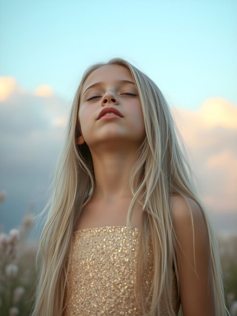 A young girl with long, flowing platinum blonde hair, her eyes closed in anticipation, a round face with full, kissable lips slightly parted, revealing her white teeth, stands against a soft gradient of light blue and lilac. Her head is tilted slightly upwards, wearing a delicate, shimmering gold dress that sparkles under the warm, golden hour light filtering through the serene clouds above. The scene is dreamy, with soft, pastel-colored flowers gently swaying in the breeze around her, creating a romantic and whimsical atmosphere.