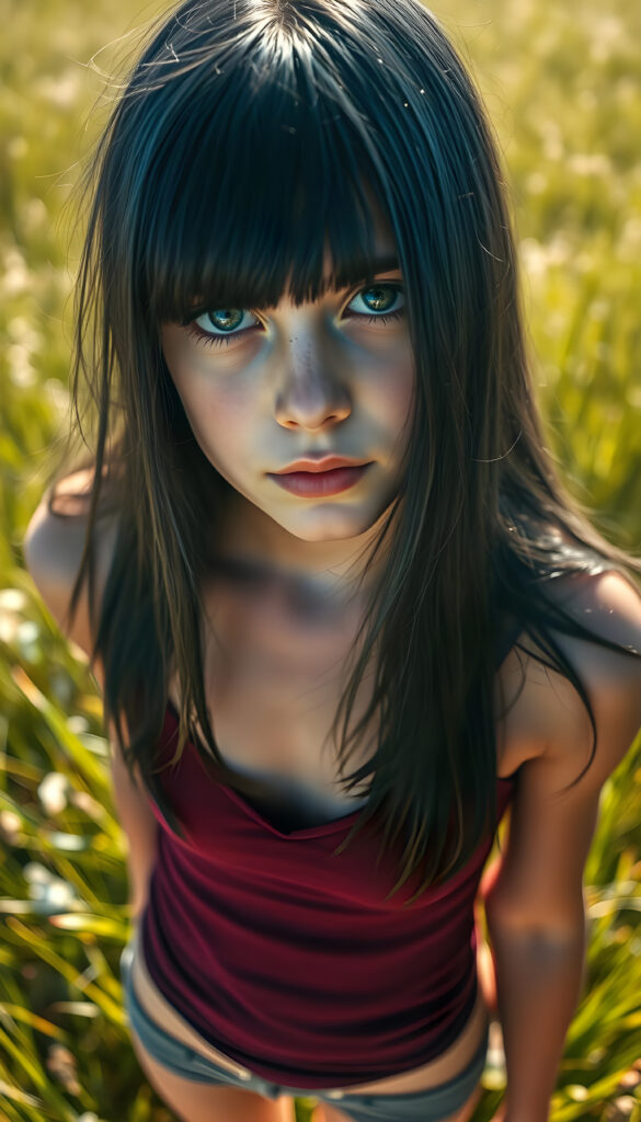 A young girl with long, straight, dark blue obsidian hair stands in a sunlit meadow, her shiny dark blue eyes sparkling under the bright sun. She wears a tight, form-fitting short tank top with a deep v-neck, revealing a bit of her chest. The scene is viewed from above, showcasing her full body and the vibrant green grass beneath her feet. The lighting casts gentle shadows, creating a serene and cheerful atmosphere, Photograph Portrait Close-up Sharp focus 35mm