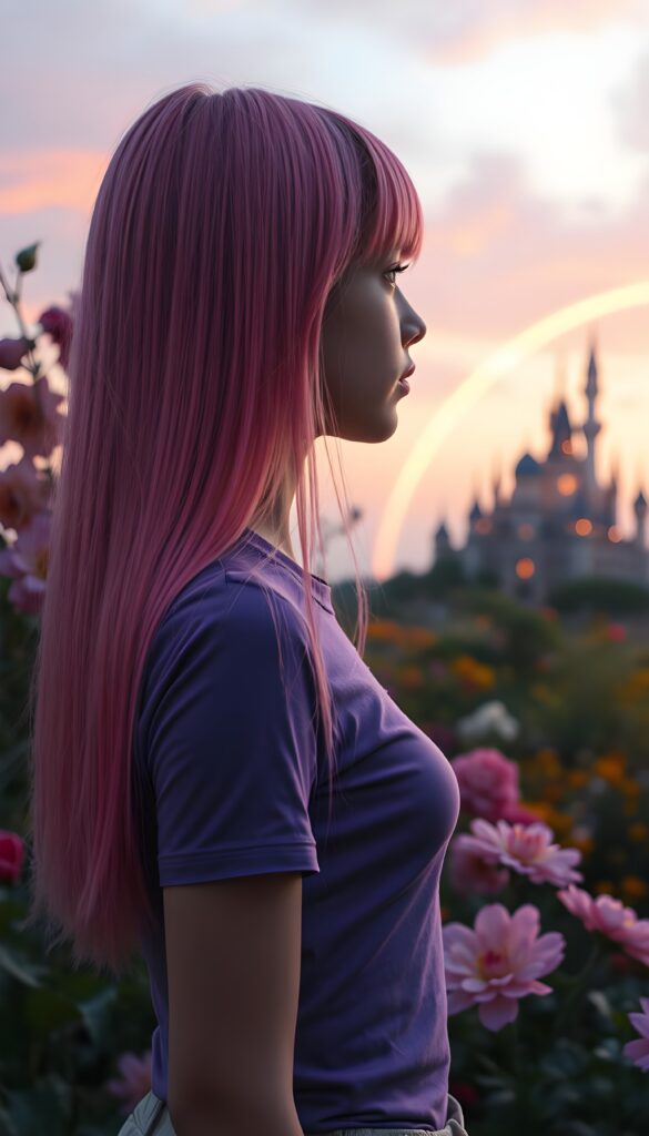 A young girl with ((long, straight neon pink hair)), dressed in a fitted violet t-shirt, stands in a whimsical garden at twilight. The garden is filled with vibrant, oversized flowers, and the sky is a blend of soft pinks and purples. She gazes thoughtfully at a distant, ethereal castle illuminated by a warm, magical glow, with a rainbow arching over the landscape. Perfect female curved body. View from the side.