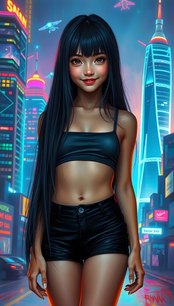 A young girl with long, straight black hair cascading down her back, standing confidently in a futuristic, neon-lit cityscape. She wears a sleek, form-fitting crop top and high-waisted shorts, her posture exuding elegance and playfulness. Her eyes sparkle with determination as she looks directly at the viewer, her smile radiant. The background features a vibrant, holographic skyline with towering skyscrapers and flying vehicles, illuminated by an array of colorful lights. The scene is dynamic, with a subtle glow emanating from the ground, adding a sense of motion and energy to the image. Front view.