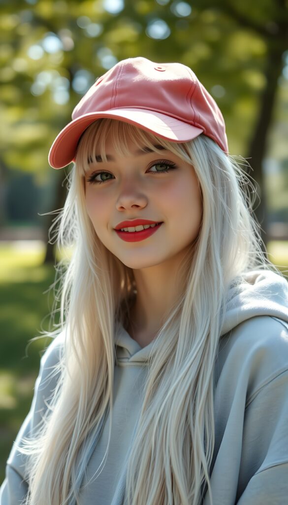A young girl with long white hair, bangs, red lips, smiling. Baseball cap. Cute. Light grey fine oversized hoodie. Sunny park in backdrop.
