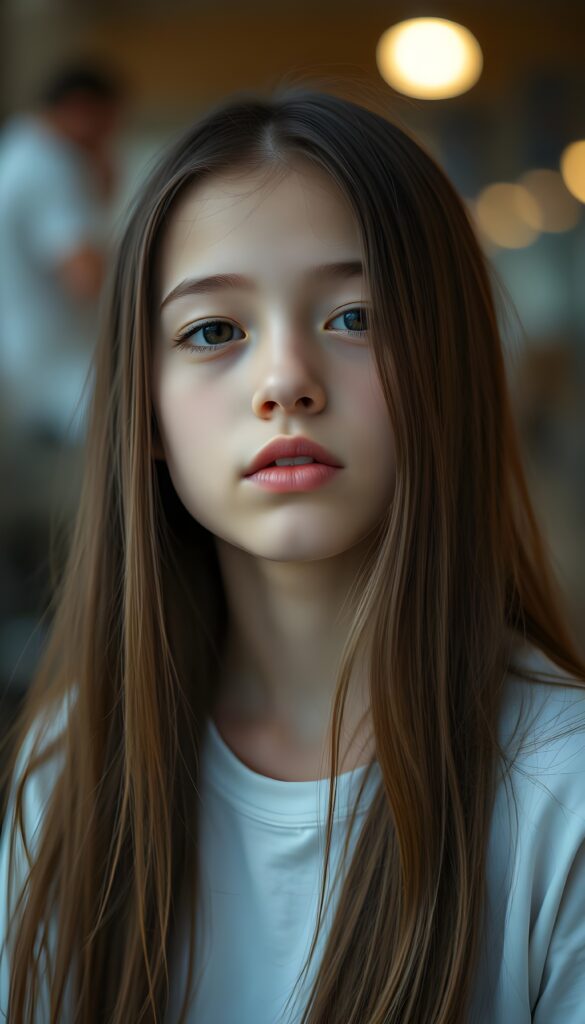A young girl with long, straight hazelnut brown hair. She is waiting for a kiss. Cute. White t-shirt.