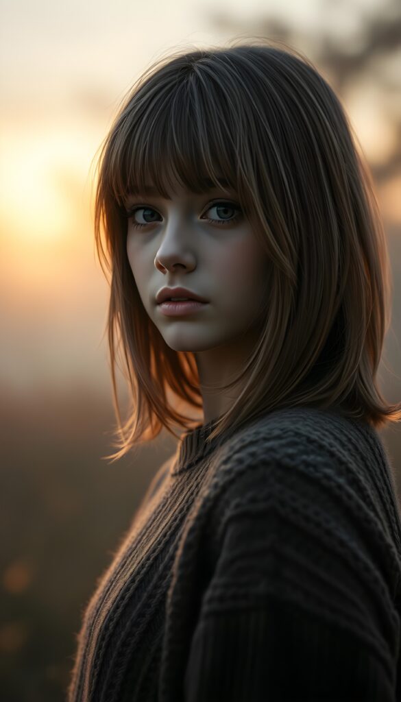 A young girl with chestnut-brown straight long hair and blond highlights in a perfect shoulder-length bob cut, bangs, warm tan skin stands in a twilight meadow, wearing a fine sweater made of wool. Her eyes are dark and gentle, and her expression is calm and loyal. The background features soft, glowing dust and blurred trees, creating a cozy, atmospheric setting. The image is rendered in a semi-realistic fantasy illustration style, with a focus on warm brown tones and a subtle, enchanting glow. Golden sunset.