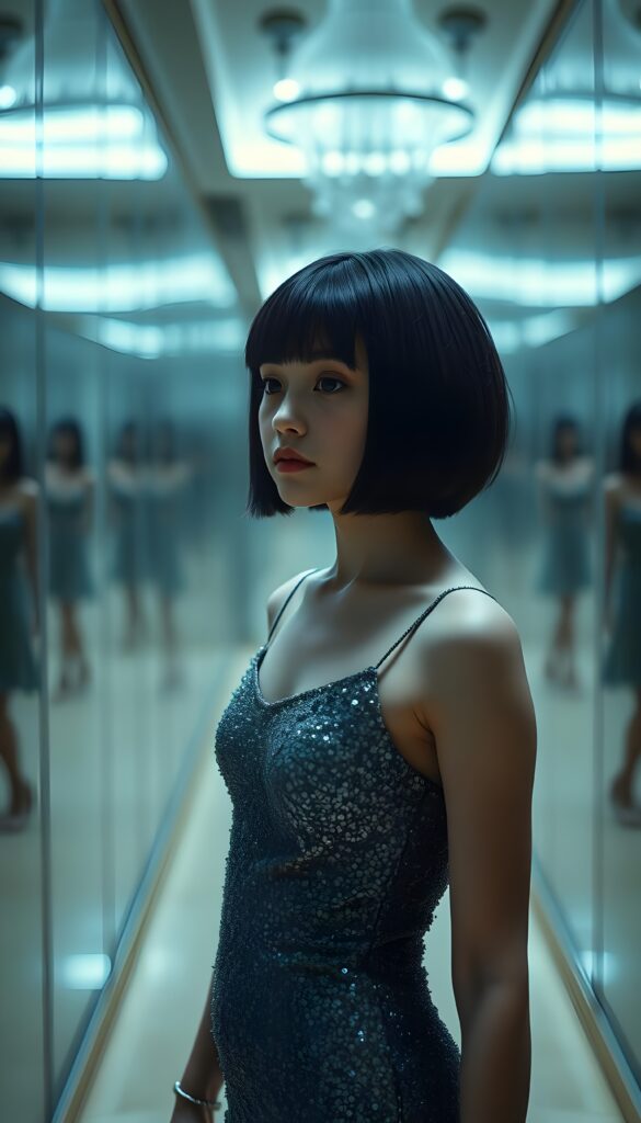 A young girl with a bob hairstyle, wearing a tight, glittering dress, stands in a hall of mirrors.