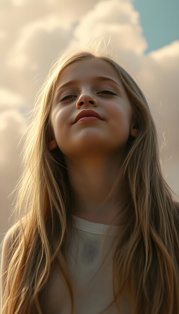 A young girl with long, flowing golden hair cascades over her shoulders, her eyes closed in anticipation, lips slightly parted in a soft pout. She stands against a backdrop of swirling pastel hues, with sunlight filtering through soft clouds, casting a dreamy, ethereal glow. Her face is round and delicate, with full lips and a hint of a smile, her white teeth gleaming in the light. She lifts her head slightly, her expression serene and hopeful, as if awaiting a gentle breeze or a tender embrace. The scene is bathed in a warm, golden light, with soft, fluffy clouds in the sky, creating a magical and enchanting atmosphere.