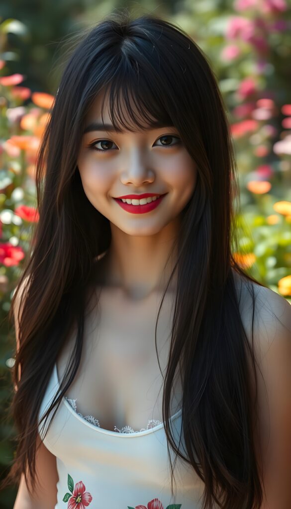 A young girl with long, flowing jet-black hair cascading down her shoulders, her radiant smile accentuated by bold dark red lipstick, stands in a sunlit garden. Her black eyes shine brightly against her pale complexion, framed by perfectly applied black eyeliner. The background features vibrant flowers and lush greenery, creating a magical atmosphere. She is wearing a thin white cropped tank top with a colorful floral pattern that accentuates her perfectly shaped, feminine figure.